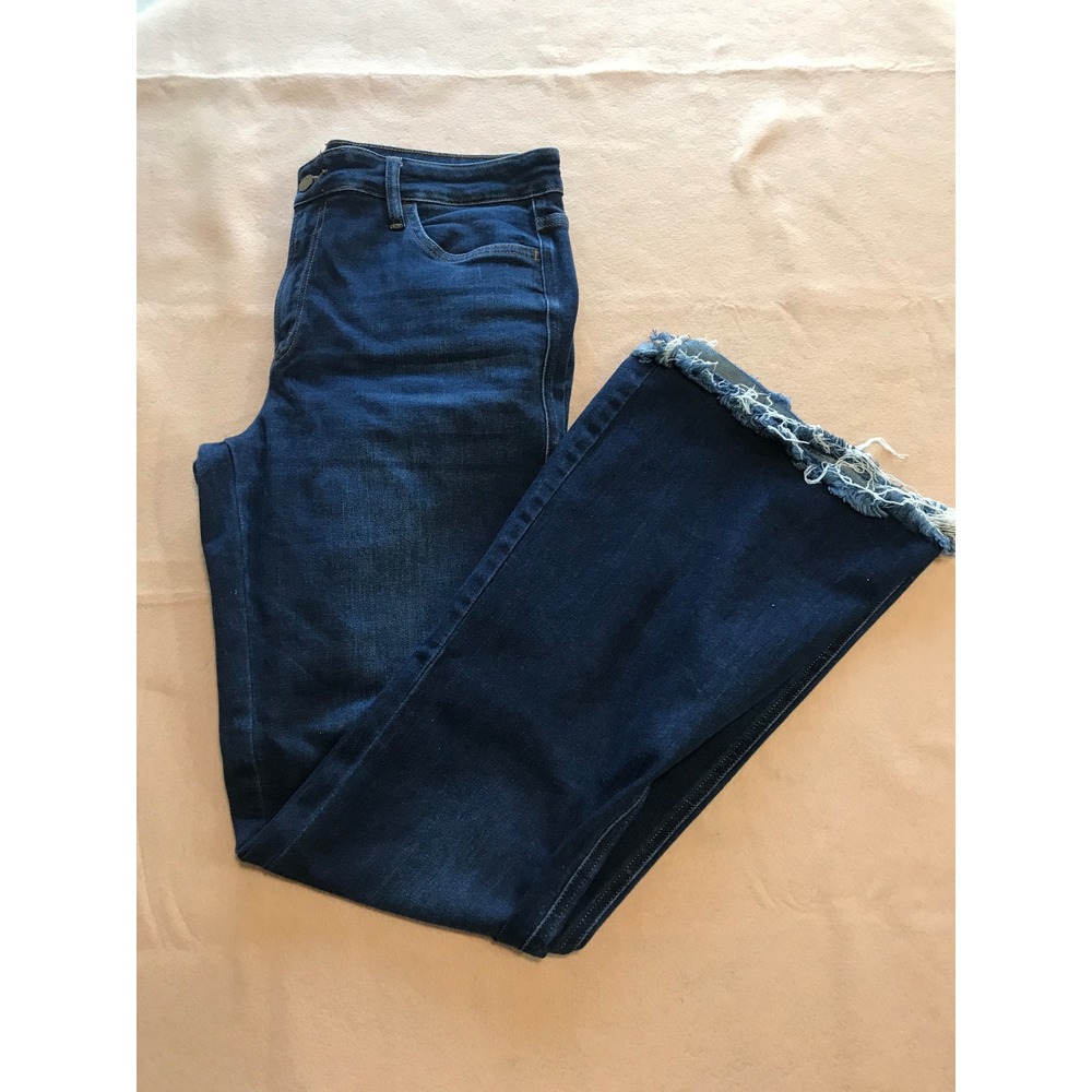 Flying Monkey Womens High Rise Flare Jeans Dark Wash Raw Hem Blue Size 31